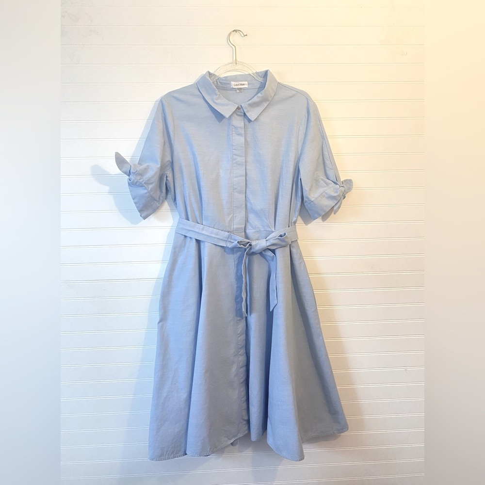 Calvin Klein Cotton Light Blue Button Up Fit & Flare Belt Tie Dress